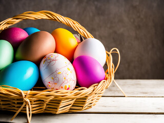 Colorful Easter Eggs in a Traditional Weaved Basket