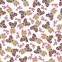 Seamless pattern texture with Cute little bear Riding motorcycle, Cartoon Vector Icon Illustration. For fabric textile, nursery, baby clothes, background, textile, wrapping paper and other decoration.