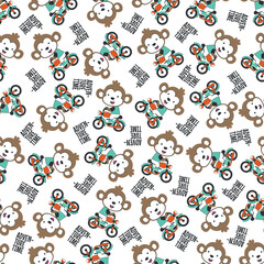Seamless pattern texture with Cute little bear Riding motorcycle, Cartoon Vector Icon Illustration. For fabric textile, nursery, baby clothes, background, textile, wrapping paper and other decoration.