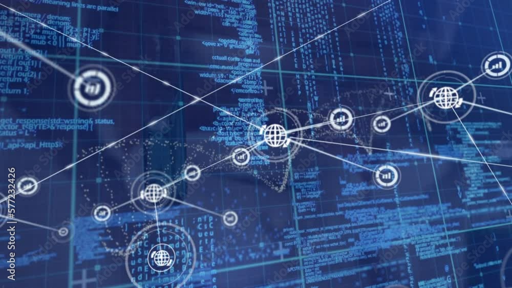 Poster animation of connected icons over computer language against blue background