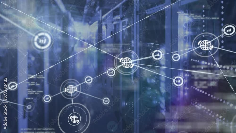 Poster animation of connected icons over computer language against illuminated server room in background