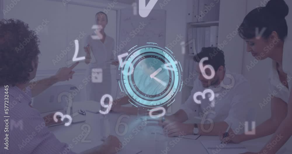 Poster animation of digital clock and changing numbers over diverse coworkers discussing reports in office