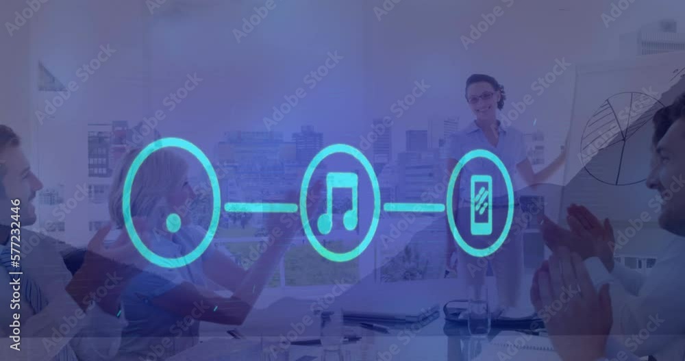 Aufkleber animation of illuminated icons connected with lines, diverse coworkers clapping on achieving target