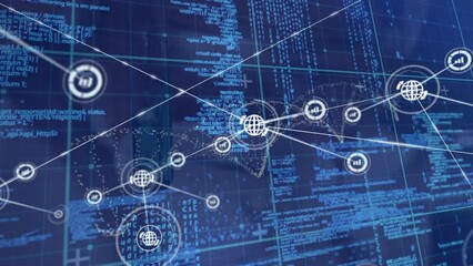 Animation of connected icons over computer language against blue background - Powered by Adobe