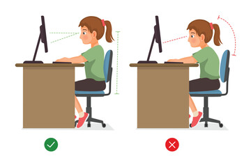 Correct Incorrect girl student sitting posture ergonomic when using a computer desktop for student - obrazy, fototapety, plakaty