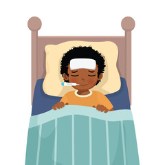 Sick little African boy has high fever flu and cold lying on bed with thermometer in his mouth - obrazy, fototapety, plakaty