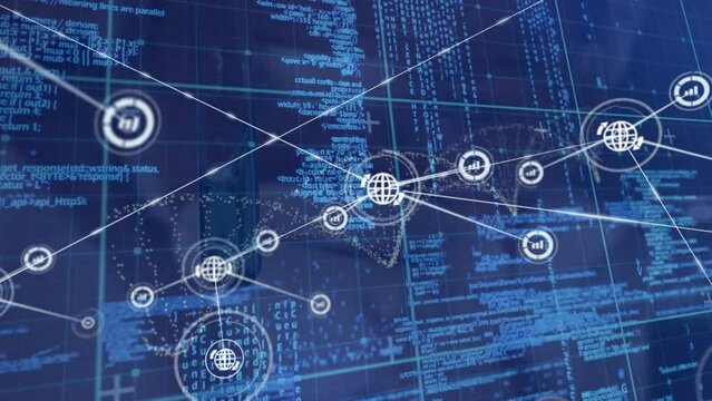 Animation of connected icons over computer language against blue background