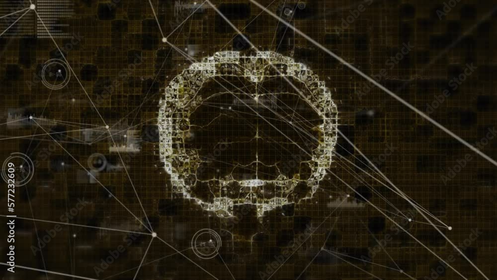 Poster animation of connected dots, graph and soundwaves icons against digital brain on abstract background