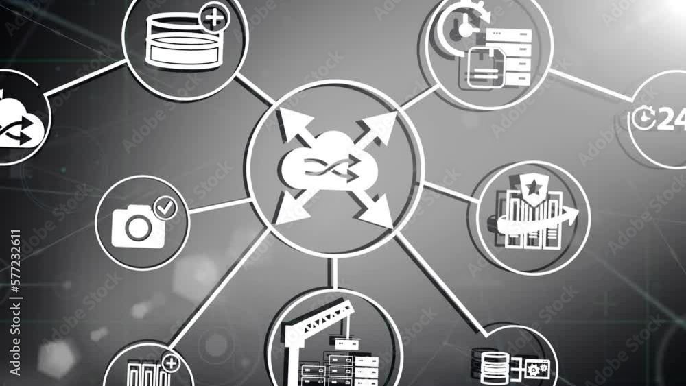 Poster animation of network of connections with icons on grey background