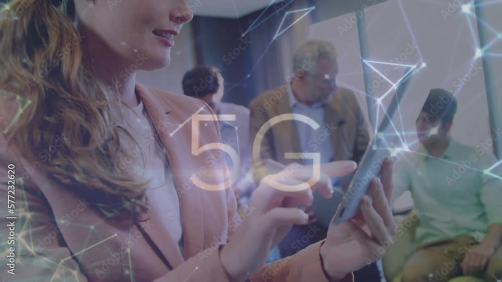 Poster Animation of 5g text and connected dots forming shapes over caucasian woman using tablet in office