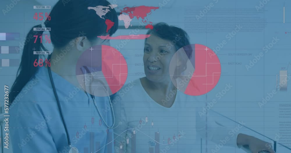 Poster Animation of financial data processing over asian female doctor talking with female patient