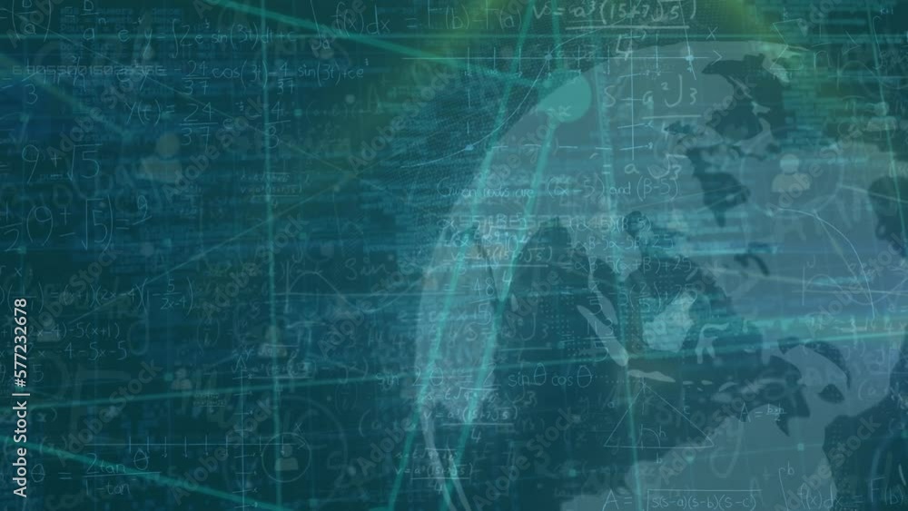Poster animation of connected icons, cube and globe over mathematical sums and computer language