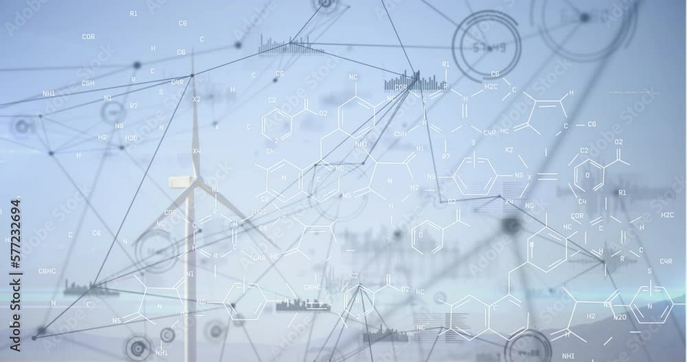 Poster animation of connected dots, graph icons, molecule structures with formulas over windmill