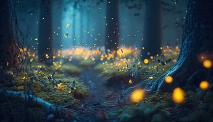 Fototapeta premium beautiful mystical Magic forest, fireflies fly in the fog, generative AI