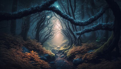 Fototapeta na wymiar beautiful mystical Magic forest, fireflies fly in the fog, generative AI