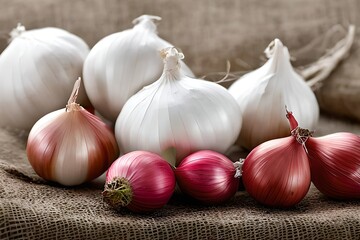 AI generated image of a pile of shallots and garlic. Both type of onions are very important ingredients in cooking