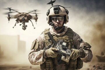 soldier in military uniform controls a quadcopter, generative AI