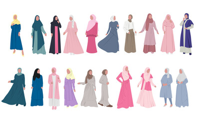 Collection of stylish muslim woman. Hijab muslim woman set. Modern people character in islamic clothes style. hijab vector flat design