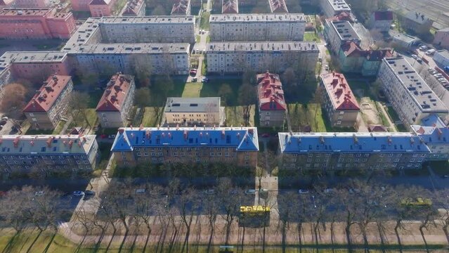 View of the housing estate in the city of Tychy on one of the housing estates. Photo from the drone on Tychy and the urban housing estate, the central point.