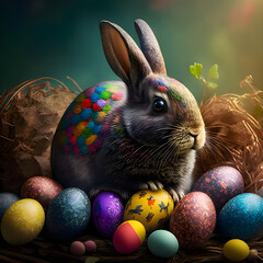 Easter colorful bunny with eggs