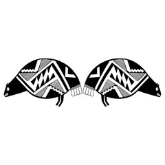 Symmetrical animal design with two stylized partridge birds. Native American art of Mogollon Indians. Mimbres pottery. Black and white silhouette.