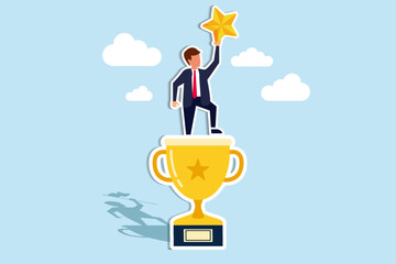 Victory or business achievement, triumph or award winning, accomplishment for leadership success, determination for career success concept, cheerful businessman winner catch star on winning trophy. 