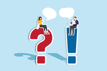 Question and answer, Q and A, FAQ, frequently asked questions, discussion to get solution to solve problem, brainstorm conversation or quiz concept, businessman and woman ask and answer questions.