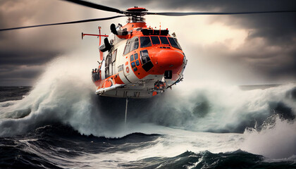 lifeguard descend from helicopter on ship at blue sea - obrazy, fototapety, plakaty