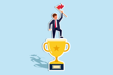 Victory or business achievement, triumph or award winning, accomplishment for leadership success, determination for career success concept, cheerful businessman winner raising flag on winning trophy. 