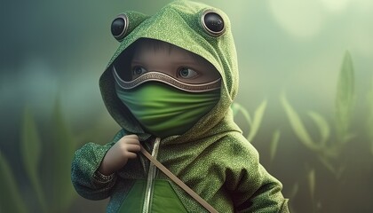 young boy wearing frog costume digital art illustration