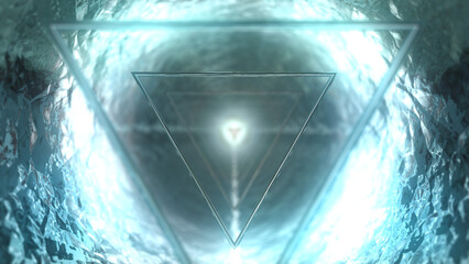 SF風のギラギラとした暗い空洞に金属質感の三角形の浮遊物の連なりが輝く背景