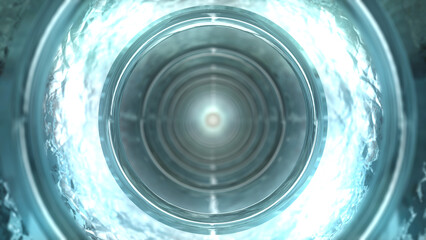 SF風のギラギラとした暗い空洞に金属質感の円の浮遊物の連なりが輝く背景