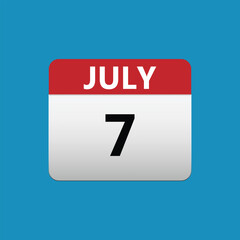 7th July calendar icon. July 7 calendar Date Month icon. Isolated on blue background