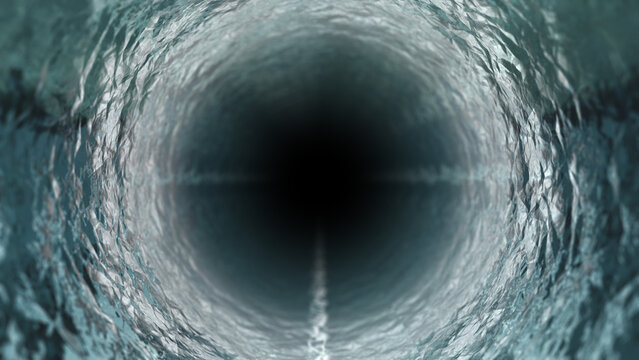 暗闇のなか暗い井戸のようなトンネル状のゴツゴツした筒の中をライトをつけて進む背景