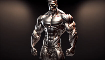 Fototapeta na wymiar 3d render of bodybuilder body made by steel, created with AI technology.