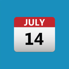 14th July calendar icon. July 14 calendar Date Month icon. Isolated on blue background
