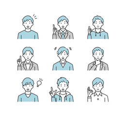 ポジティブな感情の男性のイラストアイコンセット