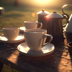 Closeup de xicaras com café ao nascer do sol com grãos de café a volta