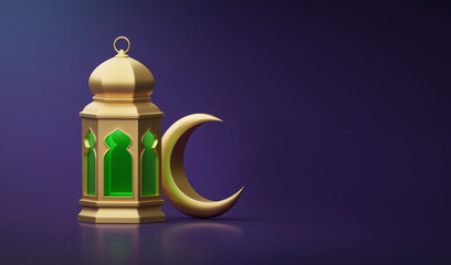 Ramadan Kareem. Ramadhan or Eid Mubarak greeting background. Golden Moon and lantern 3d render
