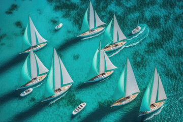 Beautiful sailboats sailing in a team on a sea of turquoise clarity was captured by an aerial drone, generative AI
