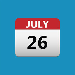 26th July calendar icon. July 26 calendar Date Month icon. Isolated on blue background