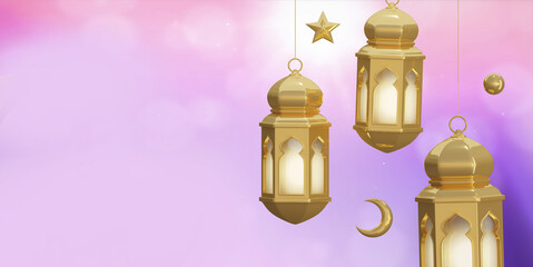 Ramadan Kareem. Ramadhan or Eid Mubarak greeting background. Golden lamps lanterns 3d render
