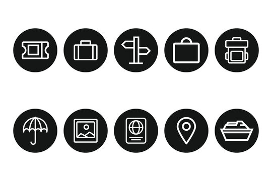 This vector icon set features a collection of beautifully crafted line art icons that depict various travel and vacation-related activities and items.