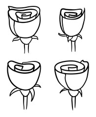 Set with four roses with stem, ready to coloring, Vector illustration