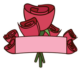 Empty ribbon template decorated with pink roses around it, Vector illustration