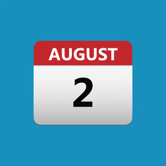 2th August calendar icon. August 2 calendar Date Month icon. Isolated on blue background