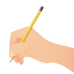 Hand holding a yellow pencil. Isolated on white background Handwriting tool. vector illustrator