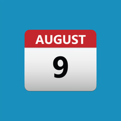 9th August calendar icon. August 9 calendar Date Month icon. Isolated on blue background