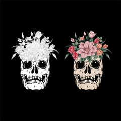 Human skull and flower wreath