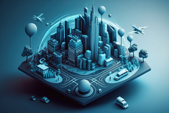 smart city diorama and communication network concept in a duotone image Digital change, IoT (Internet of Things), ICT (Information Communication Technology), abstract image visual. Generative AI